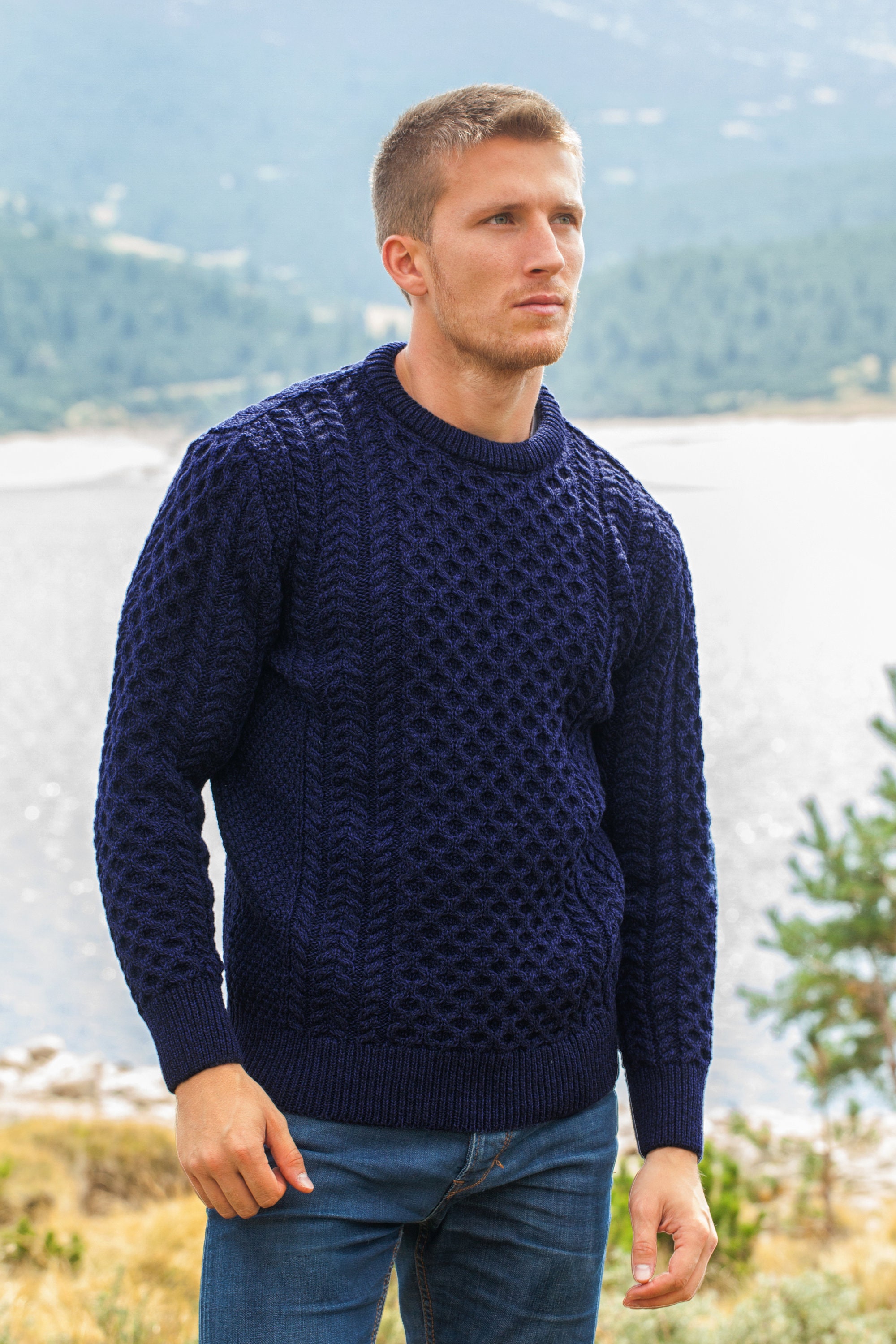 Men's Cable Knit Aran Fisherman's Sweater Dark Blue 