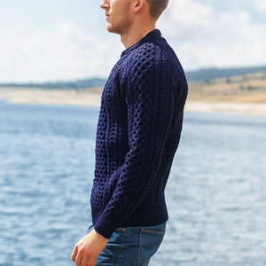 Men's Cable Knit Aran Fisherman's Sweater Dark Blue image 3