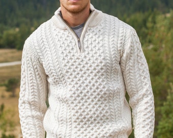 Men's Cable Knit Aran Sweater Ivory Natural Off White