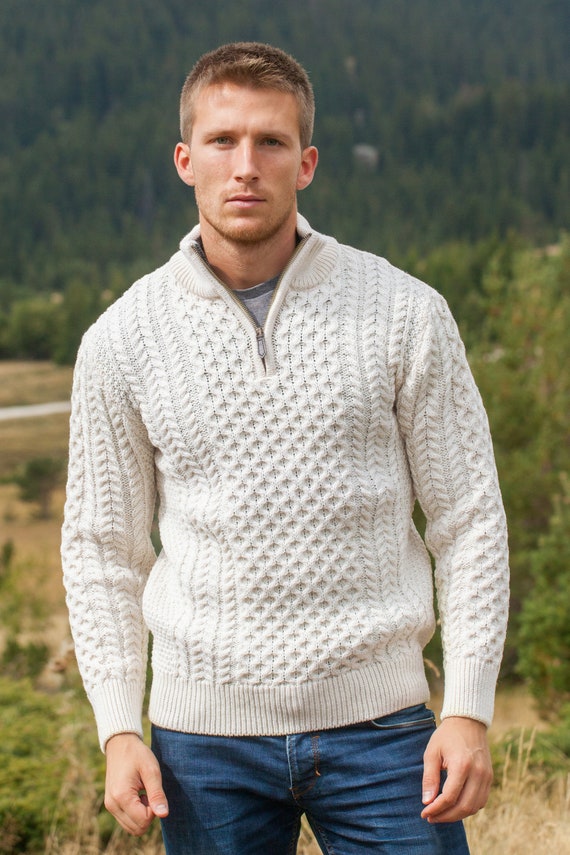Men s Cable Knit Aran Sweater Ivory Natural off White Etsy Canada