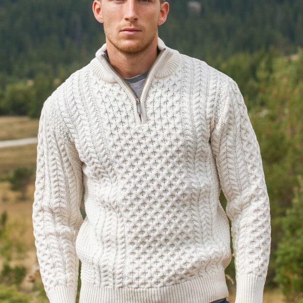 Men's Cable Knit Aran Sweater Ivory Natural Off White