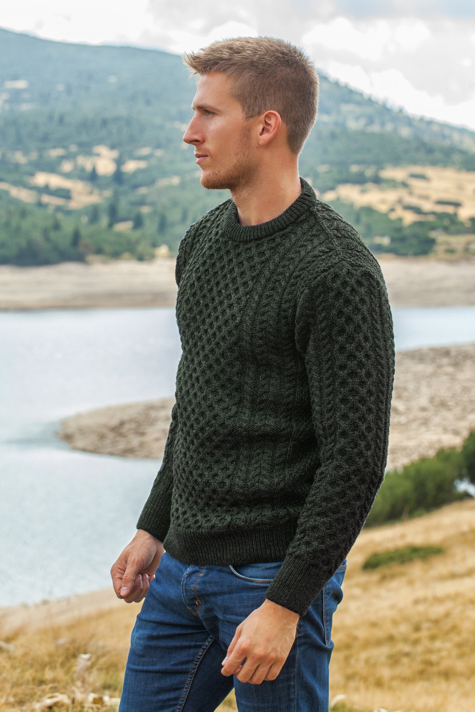Men's Cable Knit Aran Fisherman's Sweater Army Green Etsy
