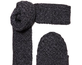 Merino Wool Cable Knit Hat and Scarf in BLACK MARL