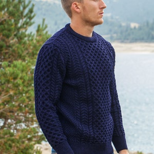 Men's Cable Knit Aran Fisherman's Sweater Dark Blue image 2