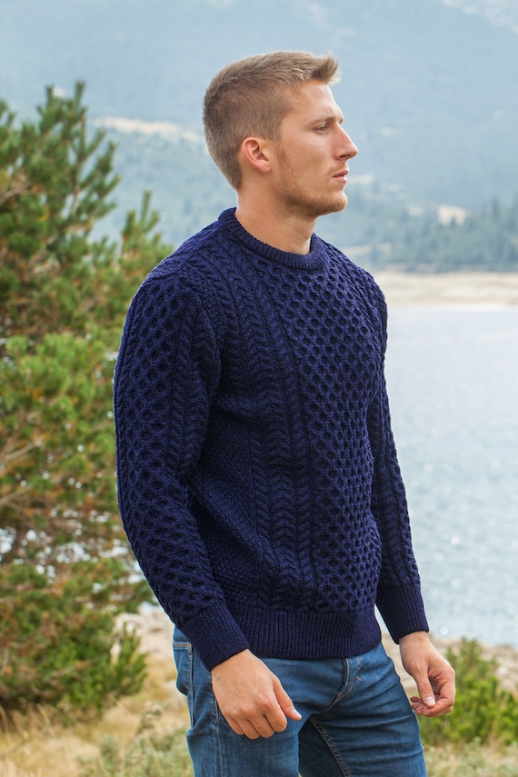 Men s Cable Knit Aran Fisherman s Sweater Dark Blue Etsy UK