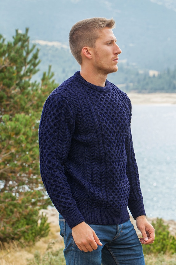 Men's Cable Knit Aran Fisherman's Sweater Dark Blue -  Israel