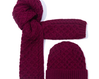 Merino Wool Cable Knit Hat and Scarf in BURGUNDY