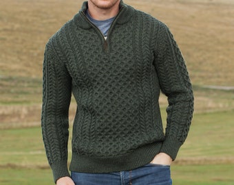 Men's Cable Knit Aran Sweater Army Green