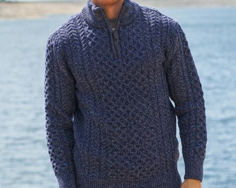 Men's Cable Knit Aran Sweater Denim Blue Marl