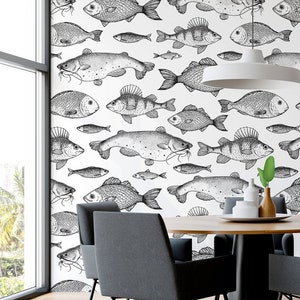 Black and white fish pattern photo wallpaper | Self adhesive | Peel & Stick | Repositionable removable wallpaper