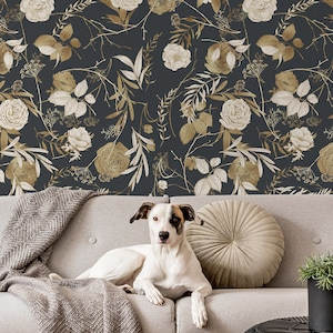 Dunkle Tapete mit Rosen (keine Metallic-Effekte) | Selbstklebend | Abziehen und aufkleben | Repositionierbare, abnehmbare Tapete