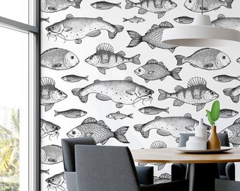 Black and white fish pattern photo wallpaper | Self adhesive | Peel & Stick | Repositionable removable wallpaper