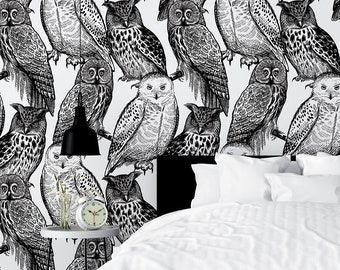 Black and white owl pattern wallpaper | Self adhesive | Peel & Stick | Repositionable removable wallpaper