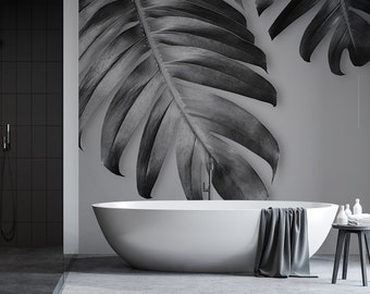 Monstera tropical leaves wallpaper, black and white Wall Mural • Peel and Stick *self adhesive* or Non-Pasted Vinyl Materials •