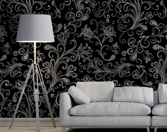 Black wallpaper with elegant white floral ornaments | Self adhesive | Peel & Stick | Repositionable removable wallpaper