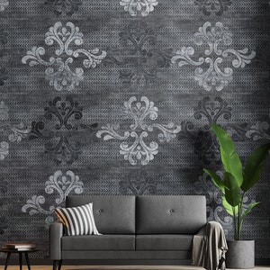 Graphite art deco damask pattern, chevron, concrete, decorative mural | Self adhesive | Peel & Stick | Repositionable removable wallpaper