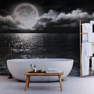 Sea in moonlight photo wallpaper | Self adhesive | Peel & Stick | Repositionable removable wallpaper