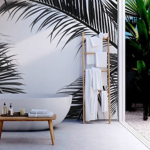 White wallpaper with black palm leaves hanging | Self adhesive | Peel & Stick | Repositionable removable wallpaper