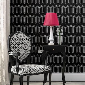 Schwarze Retro-Art-Deco-Tapete, geometrisches Muster der 20er und 30er Jahre • Abziehen und Aufkleben *selbstklebend* oder nicht geklebte Vinylmaterialien •