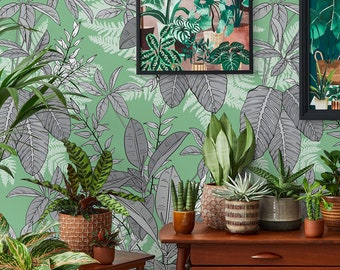 Green & Gray Tropical Leaves Wallpaper, Exotic Plants Pattern • Peel and Stick *self adhesive* or Non-Pasted Vinyl Materials •