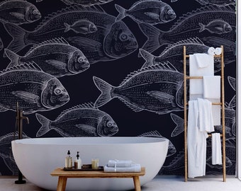 Wallpaper with big fishes | Self adhesive | Peel & Stick | Repositionable removable wallpaper