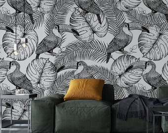 Black and White Exotic Wallpaper with Monstera Leaves and Toucans | Self adhesive | Peel & Stick | Repositionable removable wallpaper