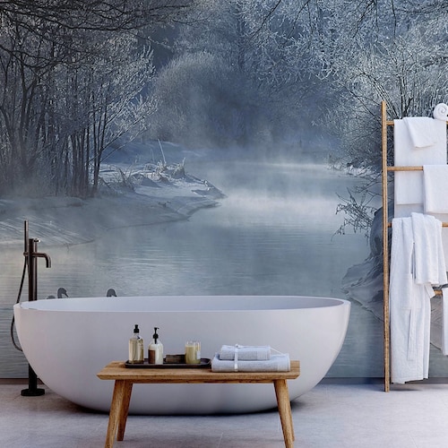 Winter Snowy Forest and River Photo Wallpaper Self Adhesive Etsy