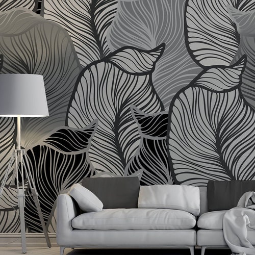 Monochrome Vector Banana Leaf Photo Wallpaper Self Adhesive Etsy