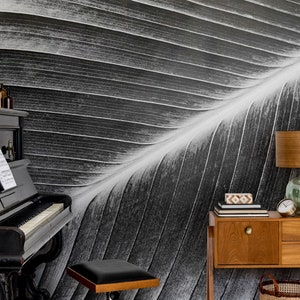 May include: A black grand piano with sheet music on the keys, a wooden side table with a lamp and books, and a black and white leaf patterned wall mural.
