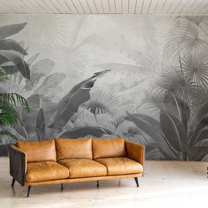 Tropical vintage wallpaper, black and white exotic leaves, jungle mural| Self adhesive | Peel and Stick | Repositionable removable wallpaper