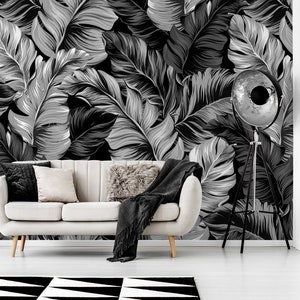 Black and white vector tropical leaves wallpaper | Self adhesive | Peel & Stick | Repositionable removable wallpaper