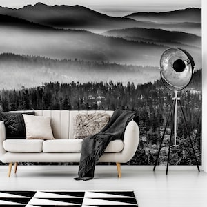 Dark foggy hills and forest photo wallpaper | Self adhesive | Peel & Stick | Repositionable removable wallpaper