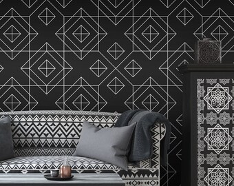 Zwart-wit art deco behang met geometrisch ruitpatroon | Zelfklevend | Afneembaar behang | Herpositioneerbaar en verwijderbaar