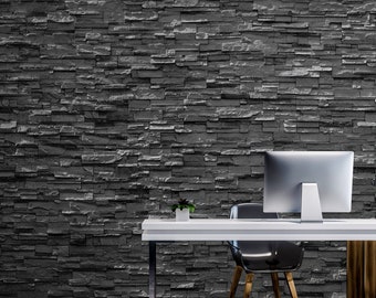 Monochrome brick stone wall photo wallpaper | Self adhesive | Peel & Stick | Repositionable removable wallpaper