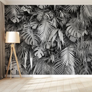 Black and white tropical leaves photo wallpaper | Self adhesive | Peel & Stick | Repositionable removable wallpaper