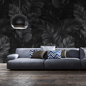 Black vector tropical leaves photo wallpaper | Self adhesive | Peel & Stick | Repositionable removable wallpaper