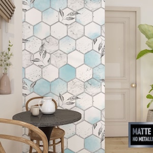 Hexagon White & Blue Art Deco Geometric Pattern Wallpaper • Peel and Stick *self adhesive* or Non-Pasted Vinyl Materials •
