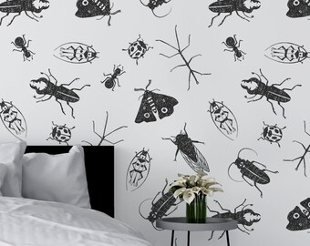 Black and white hand drawn insects wallpaper | Self adhesive | Peel & Stick | Repositionable removable wallpaper