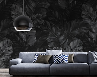 Black vector tropical leaves photo wallpaper | Self adhesive | Peel & Stick | Repositionable removable wallpaper