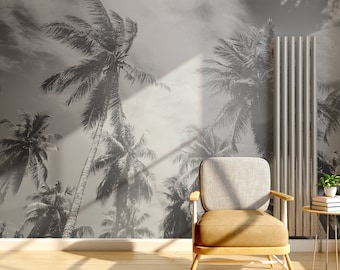 Black and white palm trees photo wallpaper | Self adhesive | Peel & Stick | Repositionable removable wallpaper