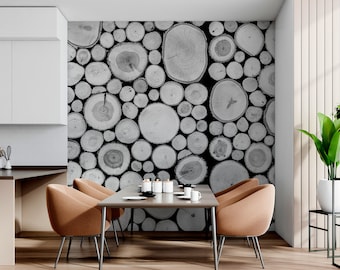 Black and white felled trees photo wallpaper | Self adhesive | Peel & Stick | Repositionable removable wallpaper