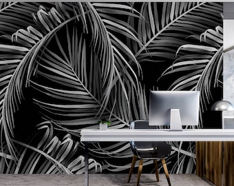 Black wallpaper with white palm leaves | Self adhesive | Peel & Stick | Repositionable removable wallpaper