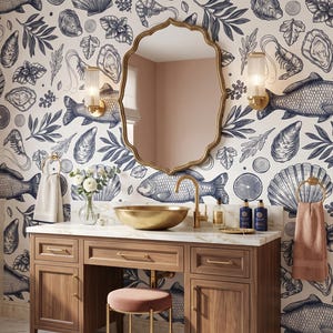 Papel pintado blanco con estampado de peces y conchas marinas, arte mural marino, autoadhesivo o papel vinílico tradicional.