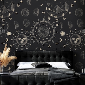 Black astrology themed zodiac pattern wallpaper | Self adhesive | Peel and Stick | Repositionable removable wallpaper