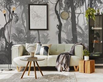 Papel pintado abstracto de bosque tropical, mural de pared de jungla en blanco y negro • Materiales autoadhesivos o de vinilo sin adhesivo •