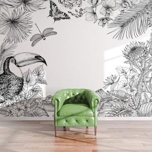 Carta da parati con tucani e foglie tropicali, fiori esotici, decorazione murale con uccelli • Stacca e incolla *autoadesivo* o materiali vinilici non incollati •