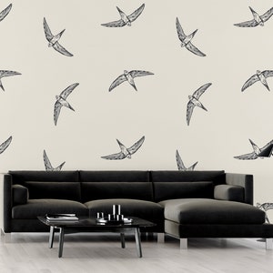 Light creamy wallpaper with birds | Self adhesive | Peel & Stick | Repositionable removable wallpaper