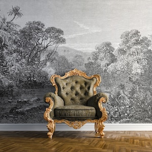 Engraving Tropical Landscape Wallpaper, Vintage Black and White Mural • Peel and Stick *self adhesive* or Non-Pasted Vinyl Materials •