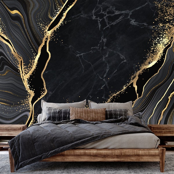 Black and yellow marble photo wallpaper (no metallic effects) | Self adhesive | Peel & Stick | Repositionable removable wallpaper