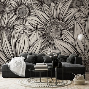 Sunflower line art wallpaper | Self adhesive | Peel & Stick | Repositionable removable wallpaper